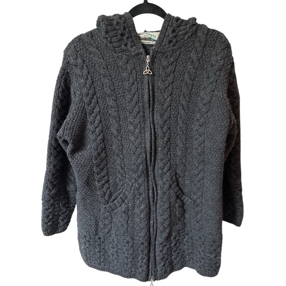 Aran Crafts Womens Cable Knit Hooded Coat 100% Merino Wool Made in Ireland Large - Picture 1 of 9